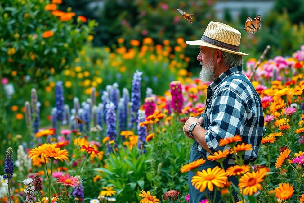 Jardineiro observando flores coloridas, evidenciando cores das flores e genética das cores