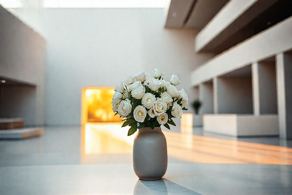 Buquê minimalista sobre base cerâmica em casamento moderno