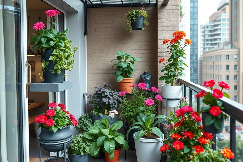 Jardim urbano compacto com plantas em vasos e espaço vertical
