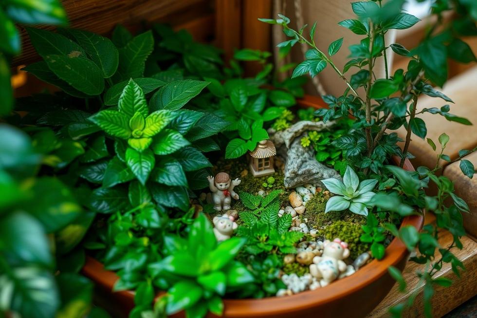 Um jardim miniatura em um canto aconchegante cheio de plantas vibrantes.
