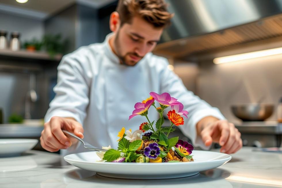 Chef em uma cozinha moderna usando flores comestíveis para decorar um prato