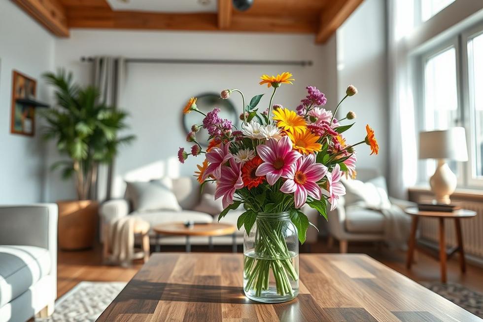 Sala de estar com buquê de flores energizantes trazendo harmonia e energia ao ambiente
