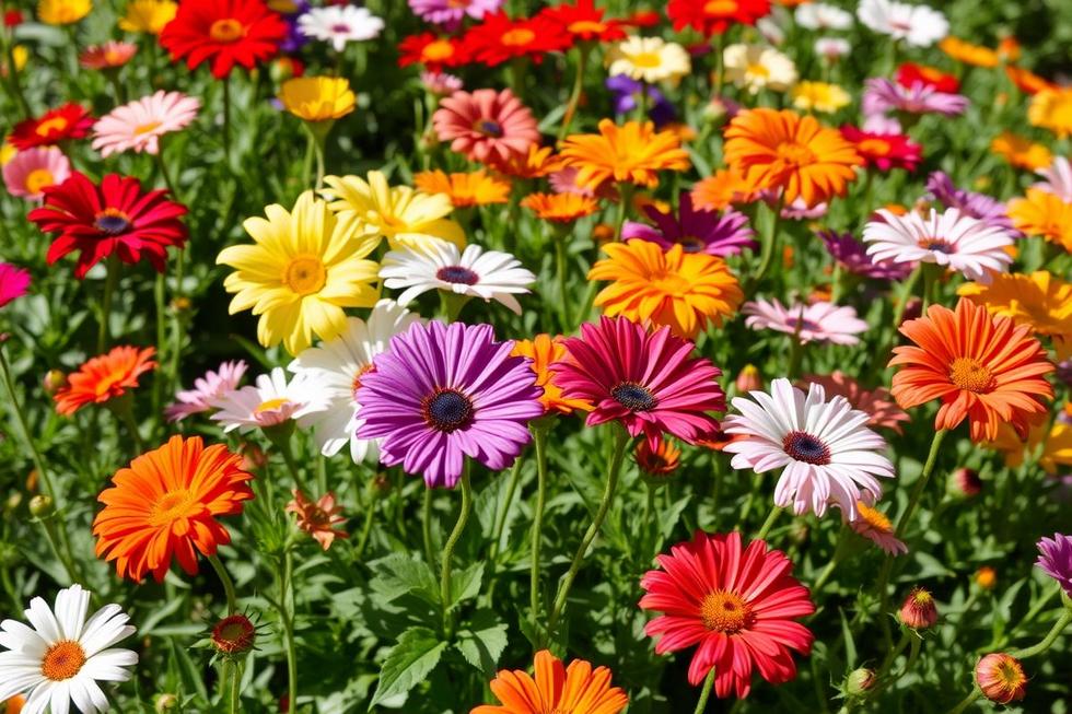 Arranjo de flores saudáveis e diversas em um jardim ensolarado.