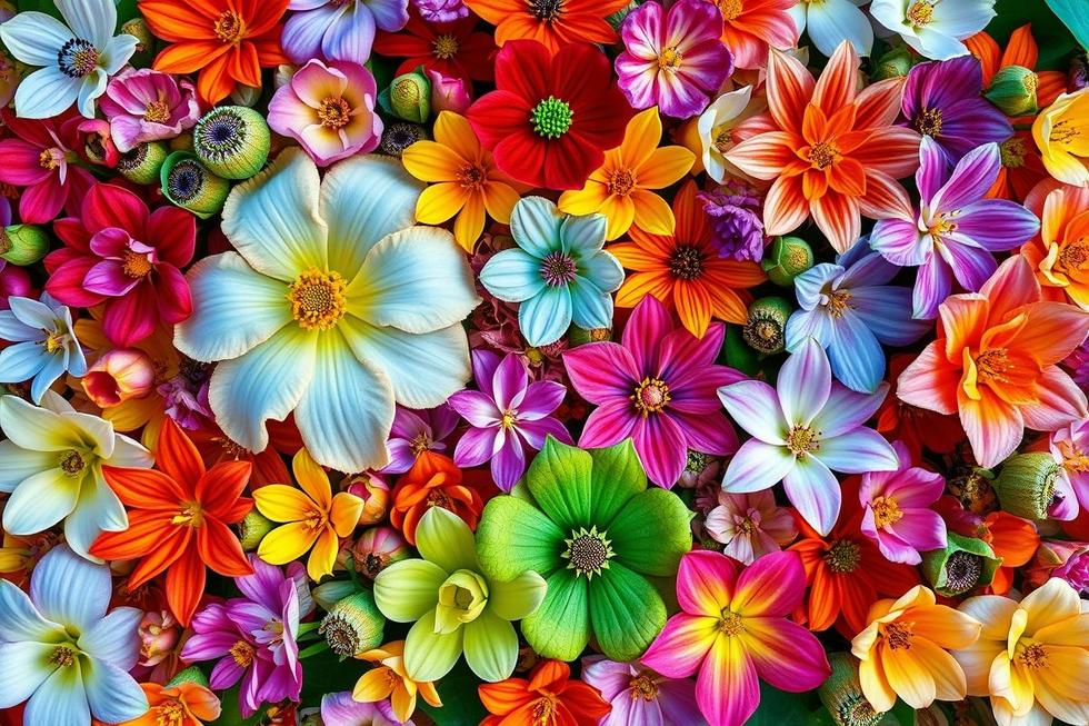 Uma colagem de flores exóticas vibrantes, exibindo cores e formas únicas.