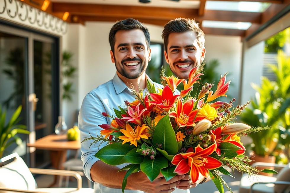 Homem feliz recebendo flores masculinas modernas.