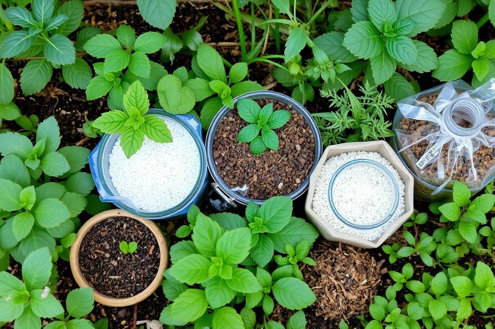 Arranjo de diferentes adubos caseiros ao lado de plantas saudáveis.