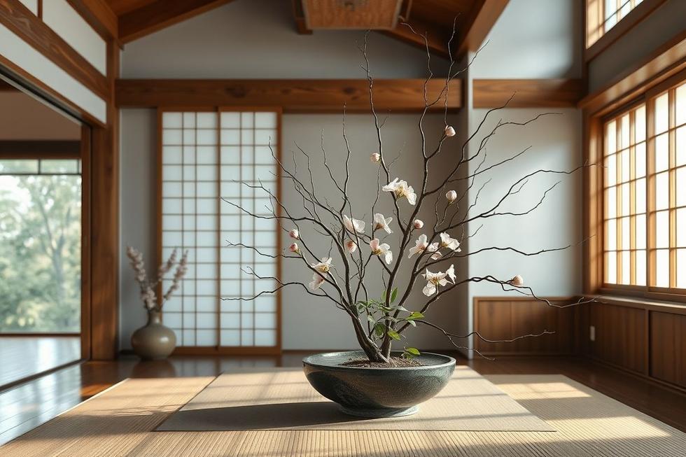 Arranjo de Ikebana em ambiente japonês transmitindo harmonia