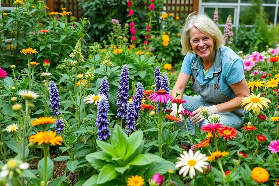Um jardim florido de plantas medicinais