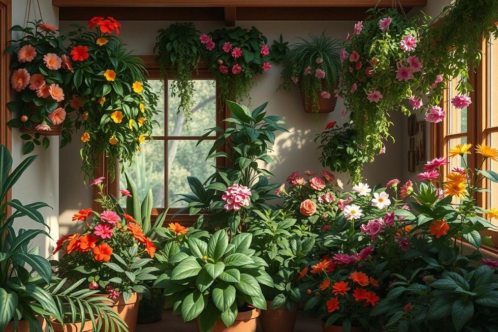 Espaço interno alegre com flores que prosperam na sombra.