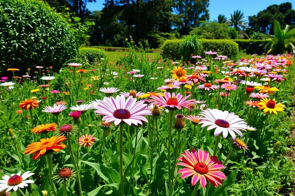 Jardim no Centro-Oeste do Brasil com flores adaptadas.