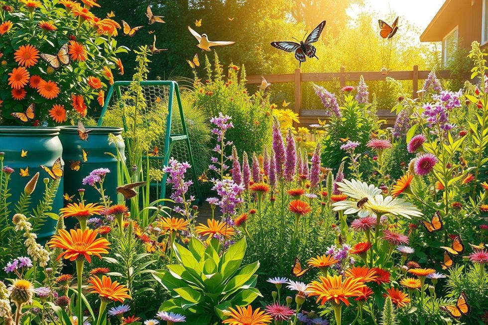 Um jardim vibrante e sustentável cheio de plantas nativas e vida selvagem.