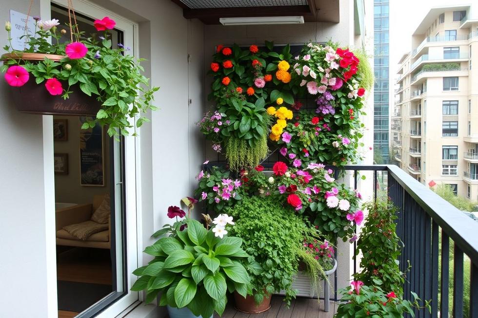Jardim vertical com flores em uma varanda, ideal para pequenos espaços.