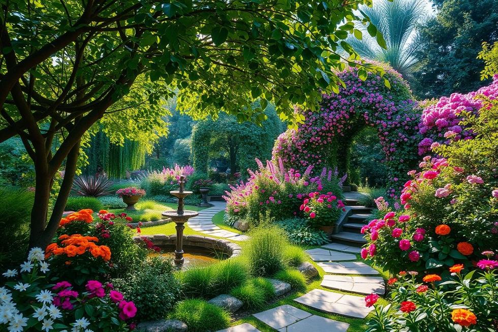 Um jardim vibrante cheio de flores, representando os benefícios da jardinagem para a saúde mental.