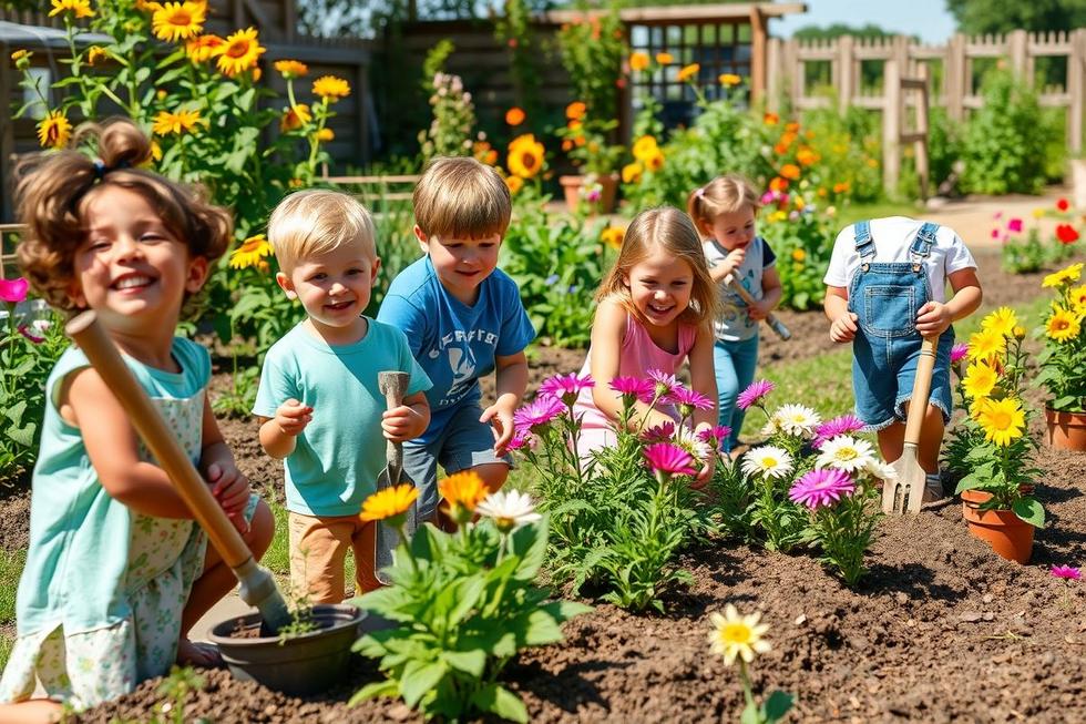 Crianças felizes plantando flores e aprendendo sobre jardinagem.