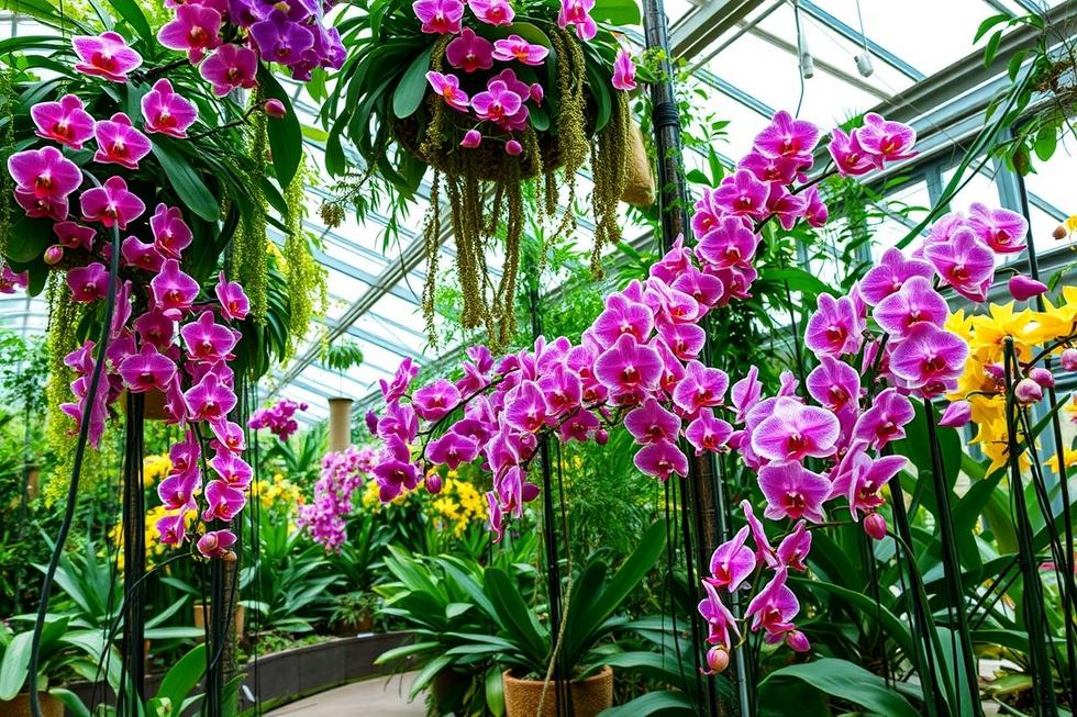 Jardim de orquídeas florido representando o sucesso no cultivo de orquídeas