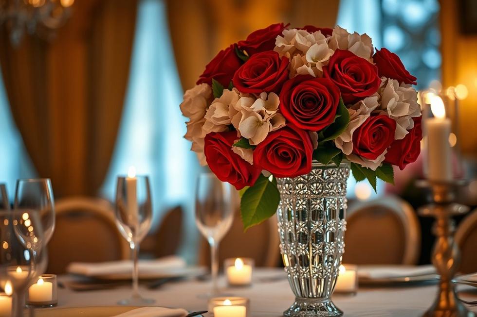 Romance Clássico – Rosas Vermelhas e Hortênsias para Jantares à Luz de Velas