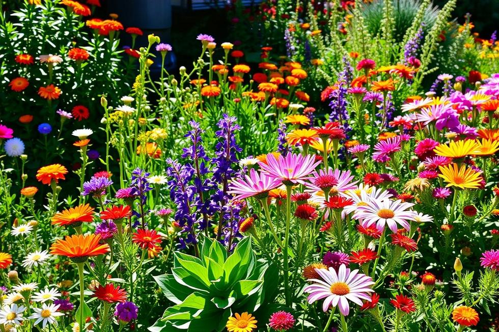 Um jardim exuberante e cheio de flores coloridas sob a luz do sol.