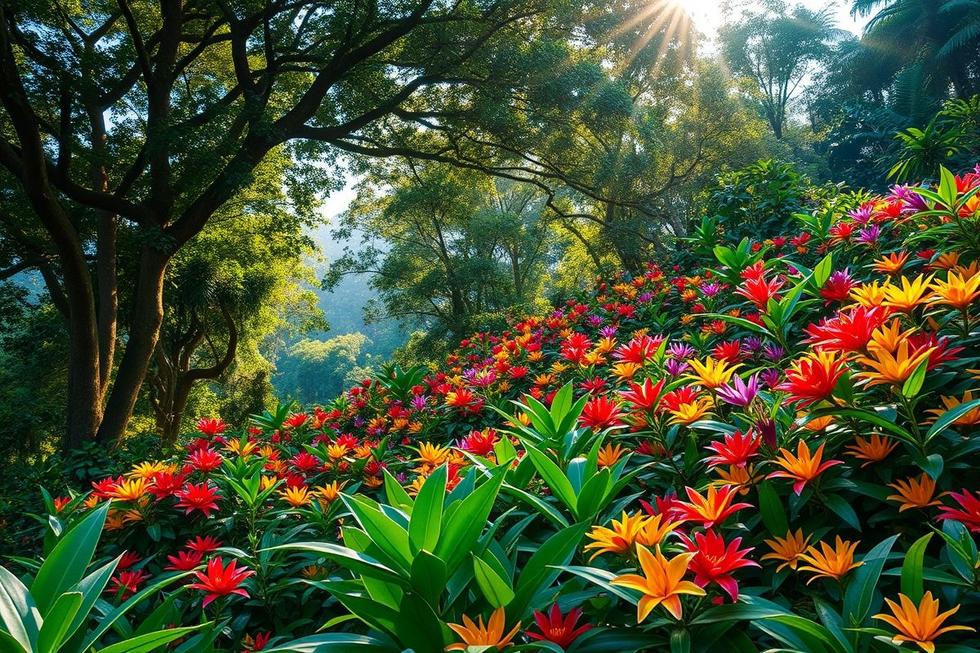 Uma paisagem brasileira vibrante repleta de flores e vegetação exótica.