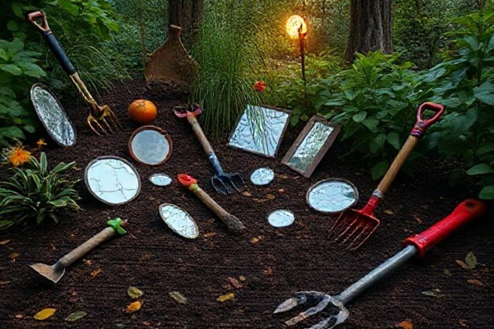 Capa mostrando elementos bizarros de jardinagem como café, espelhos e borra de chá em um jardim