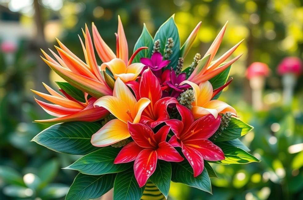 Imagem de capa com buquê exótico de flores tropicais, EVA colorido e fuxico, iluminado por luz natural