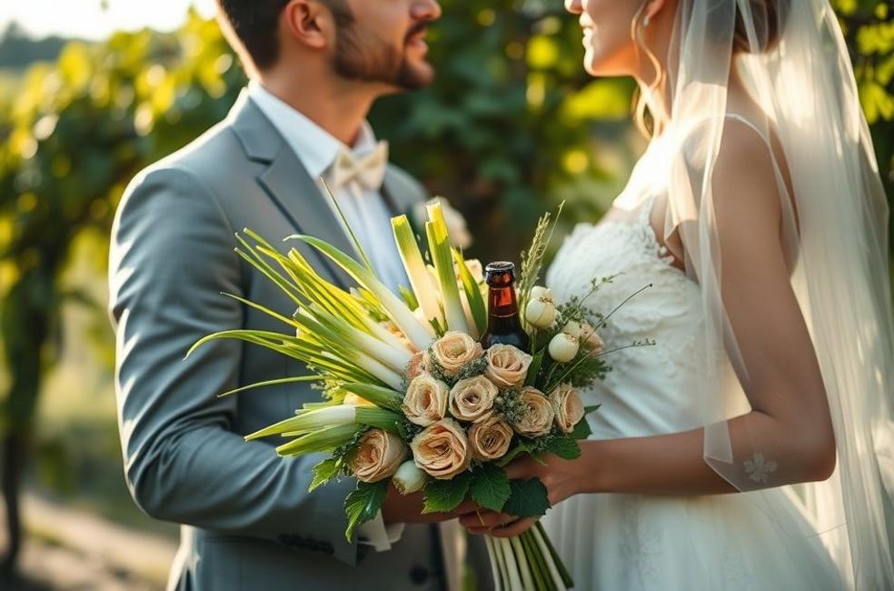 Buquê sustentável de alho‑poró, alface e cerveja em casamento