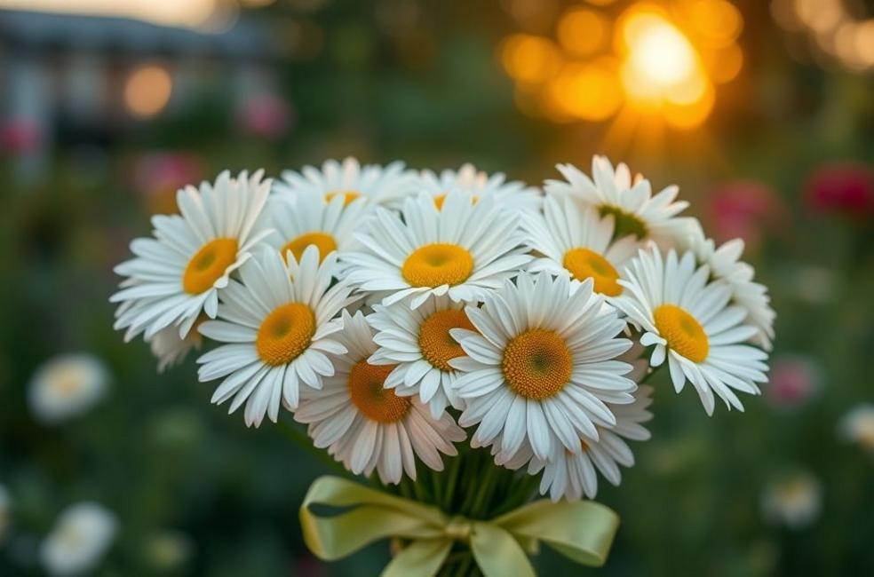 Close-up de buquê de margaridas brancas e amarelas com fita verde, fundo de jardim desfocado.