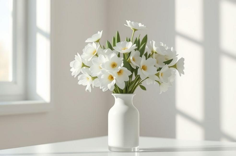 Buquê minimalista branco em um vaso de copo de leite, ambientado em um interior minimalista