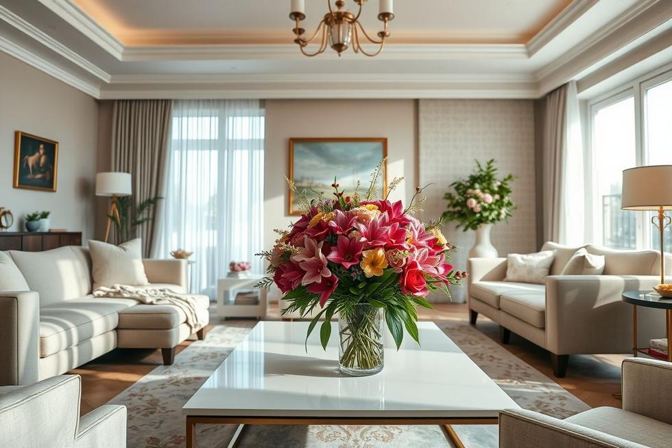 Buquê de orquídeas sobre mesa moderna