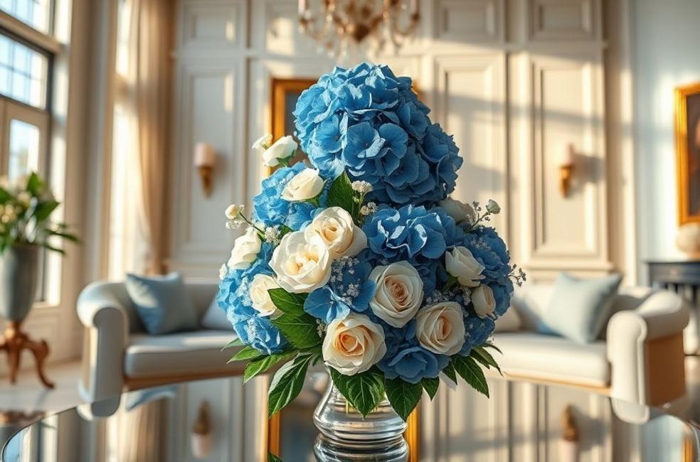 Buquê exótico com hortênsias azuis e rosas brancas em sala elegante