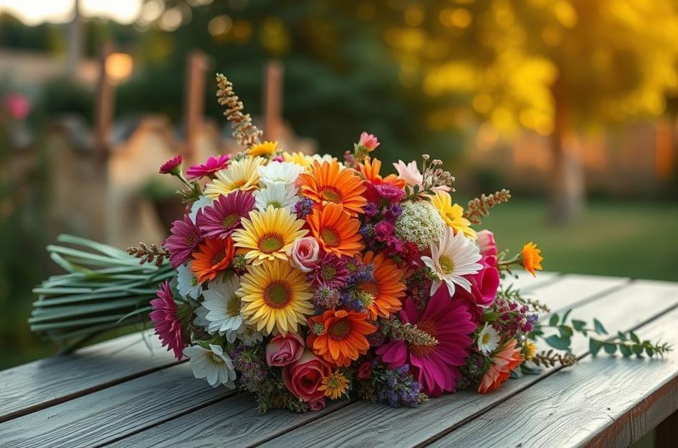 Imagem de capa mostrando um buquê exuberante de flores silvestres ao entardecer