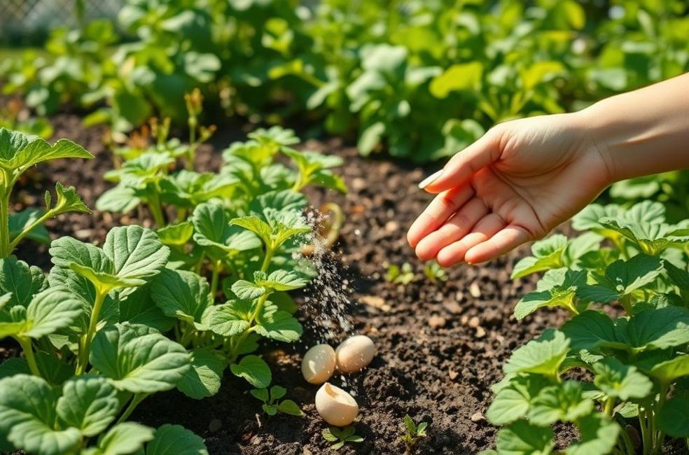 Mão espalhando cascas de ovos sobre o solo de um jardim vibrante