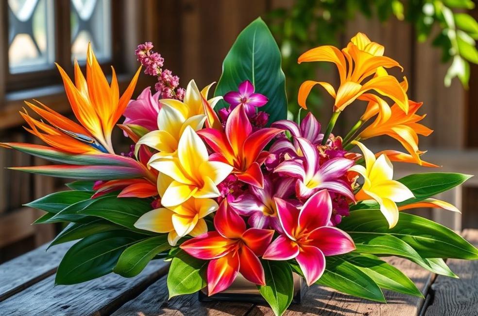 Arranjo de flores exóticas coloridas em mesa rústica sob luz natural