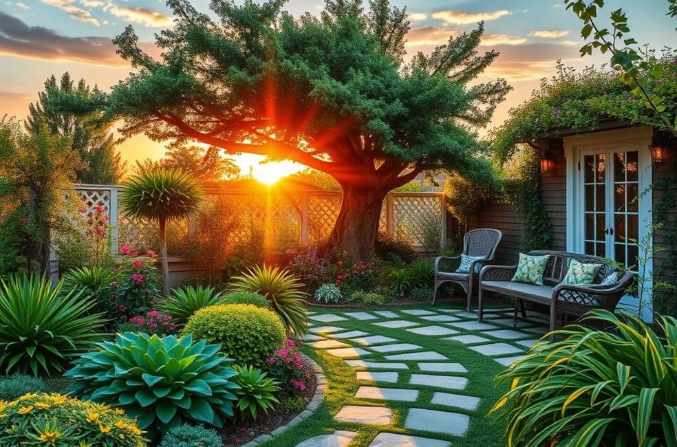Imagem de capa mostrando um jardim bem projetado ao amanhecer