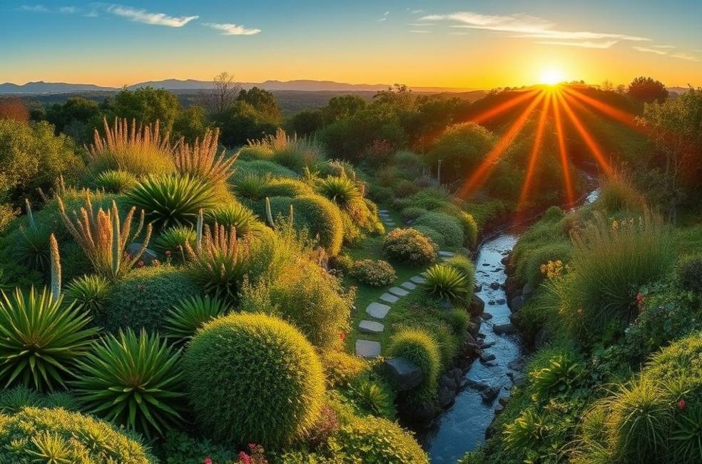 Panorama de jardim naturalista ao entardecer com plantas nativas, caminhos de pedra e riacho.