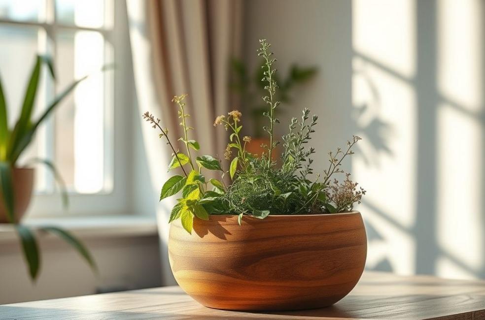 Vaso de sete ervas iluminado por luz natural, simbolizando energia protetora no ambiente.