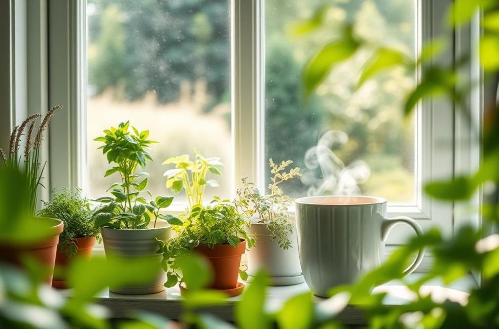 Vasos de ervas na janela, xícara de chá ao fundo