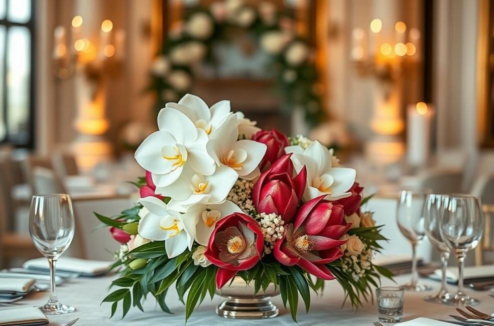 Buquê de orquídeas e proteas destacado em casamento elegante