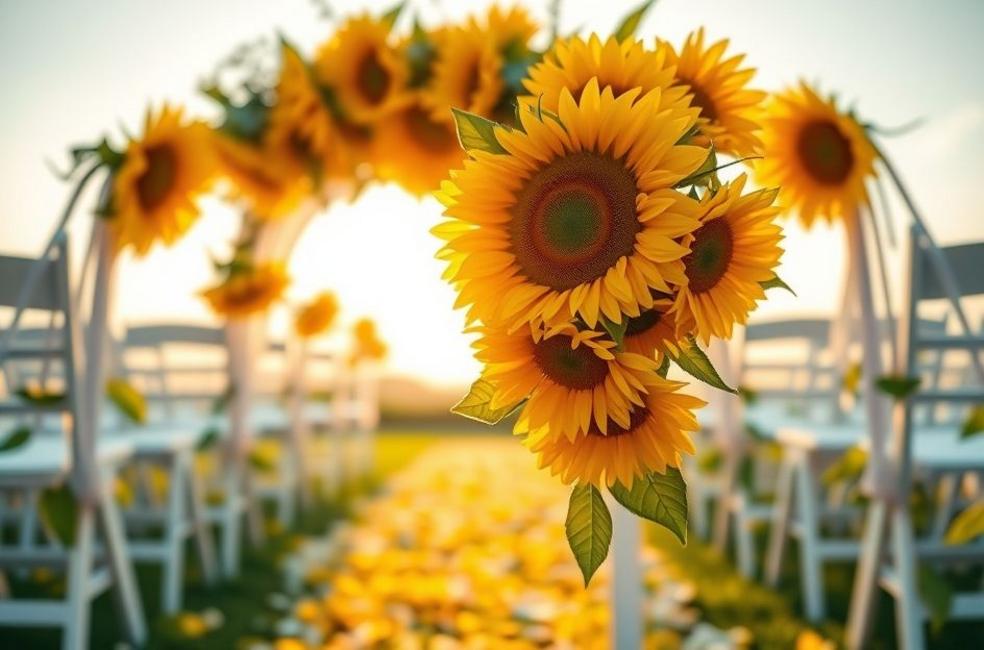 Imagem de um buquê de girassol sobre corredor de casamento
