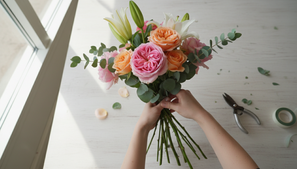 Mãos montando um buquê de flores com a técnica de espiral, com rosas, lírios e folhagens em um fundo suave