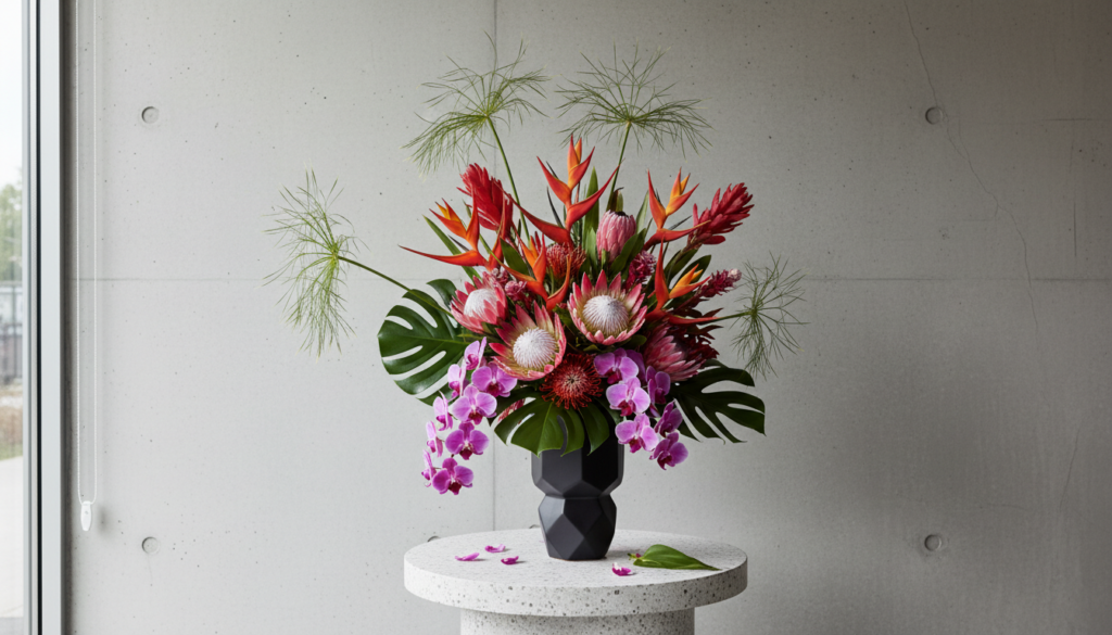 Flores Exóticas para Buquês — análise visual detalhada de arranjos modernos e vibrantes.