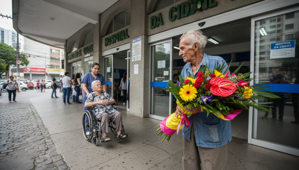 Idoso segura buquê de flores aguardando esposa na saída do hospital HGF