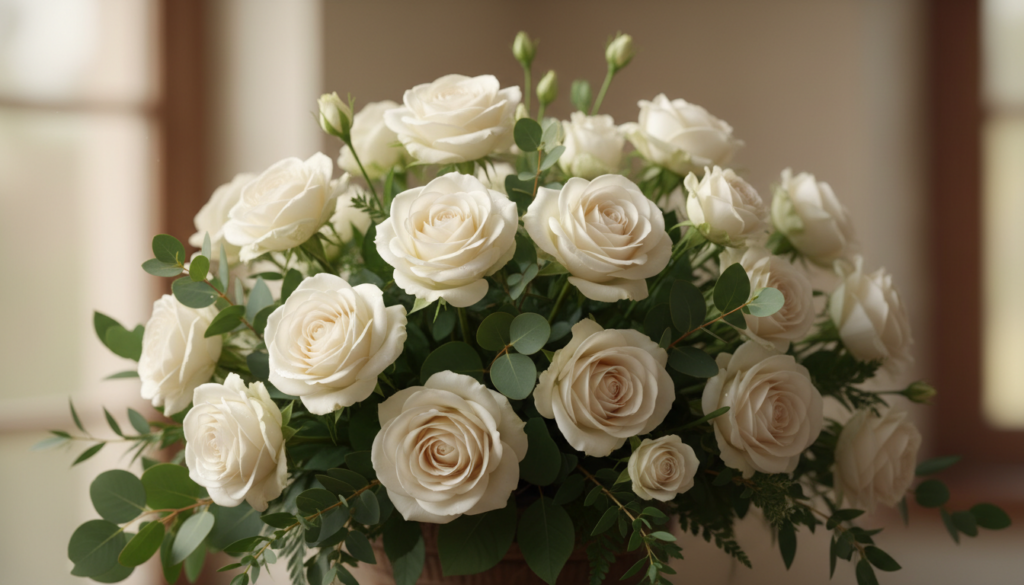 Buquê de rosas brancas recém-montado, com folhagem verde, representando pureza e elegância.