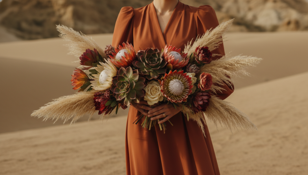 buquês fora do óbvio — análise visual detalhada de arranjo com suculentas e flores desidratadas.