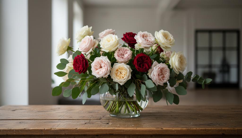 Mais belos buquês de flores — análise visual detalhada de um arranjo exuberante em vaso de vidro com luz natural.