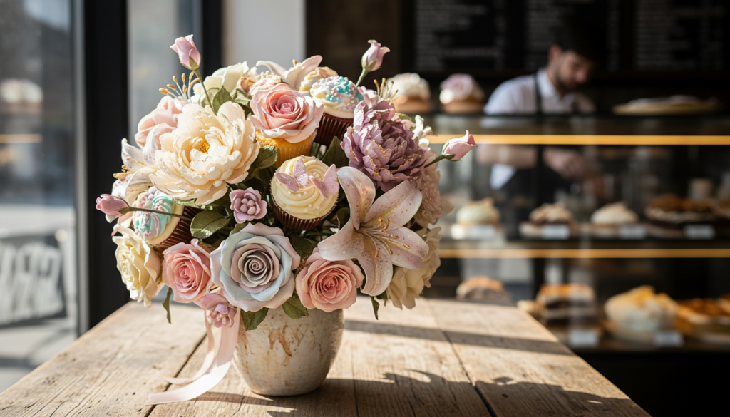 buquês comestíveis feitos de açúcar e cupcakes decorados sobre uma mesa rústica