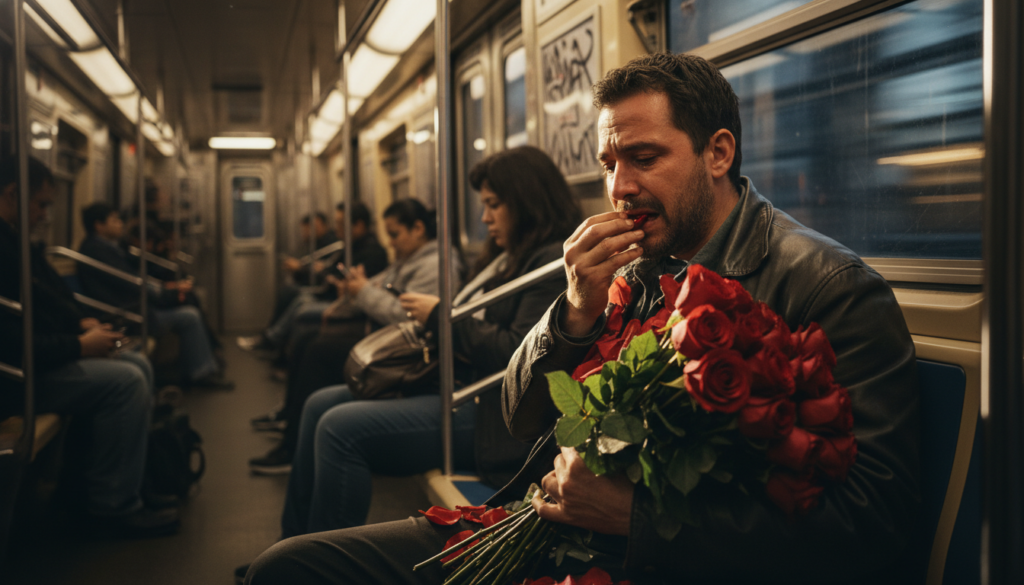 comer buquê de rosas é a atitude do homem flagrado triste no vagão do metrô após sofrer decepção amorosa.