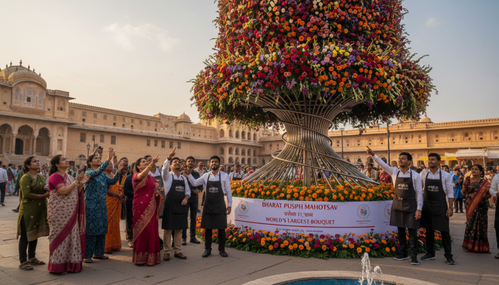 maior buquê do mundo montado em uma praça pública na Índia com milhares de flores coloridas