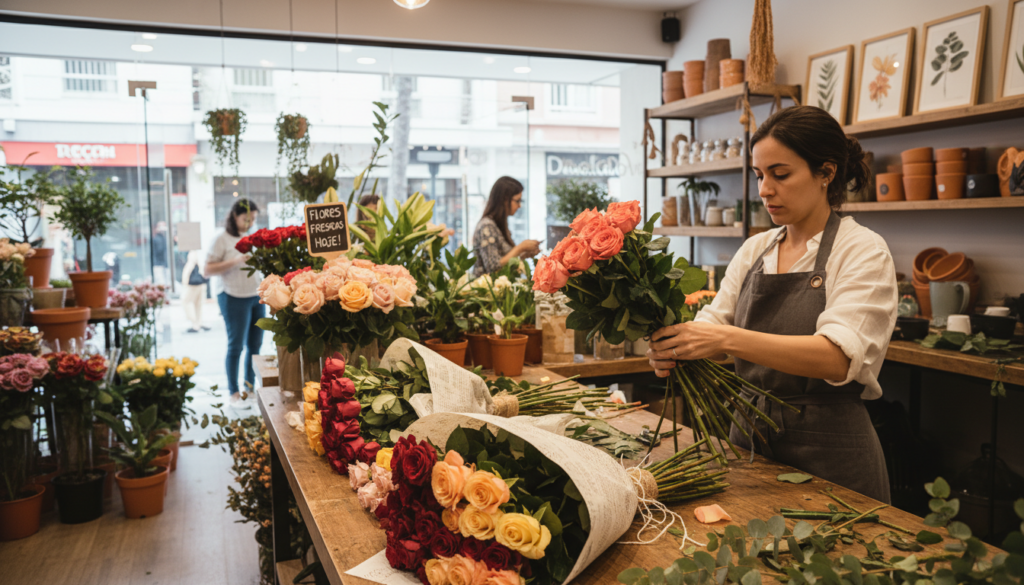 comprar buquê de flores com rosas e folhagens frescas nas mãos de um florista profissional no Brasil