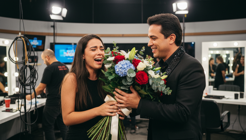Chaiany recebe buquê de flores do cantor Francildo Silva, emocionando-se muito ao encontrar o ídolo.