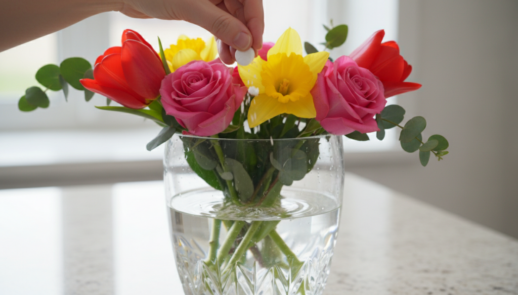 açúcar ou aspirina nas flores aplicados em vaso de vidro transparente sobre bancada